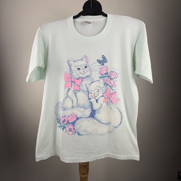 80s/90s Vintage Graphic Cat T-Shirt Pastel Kawaii Kitten | Made in USA - Picture 4 of 14